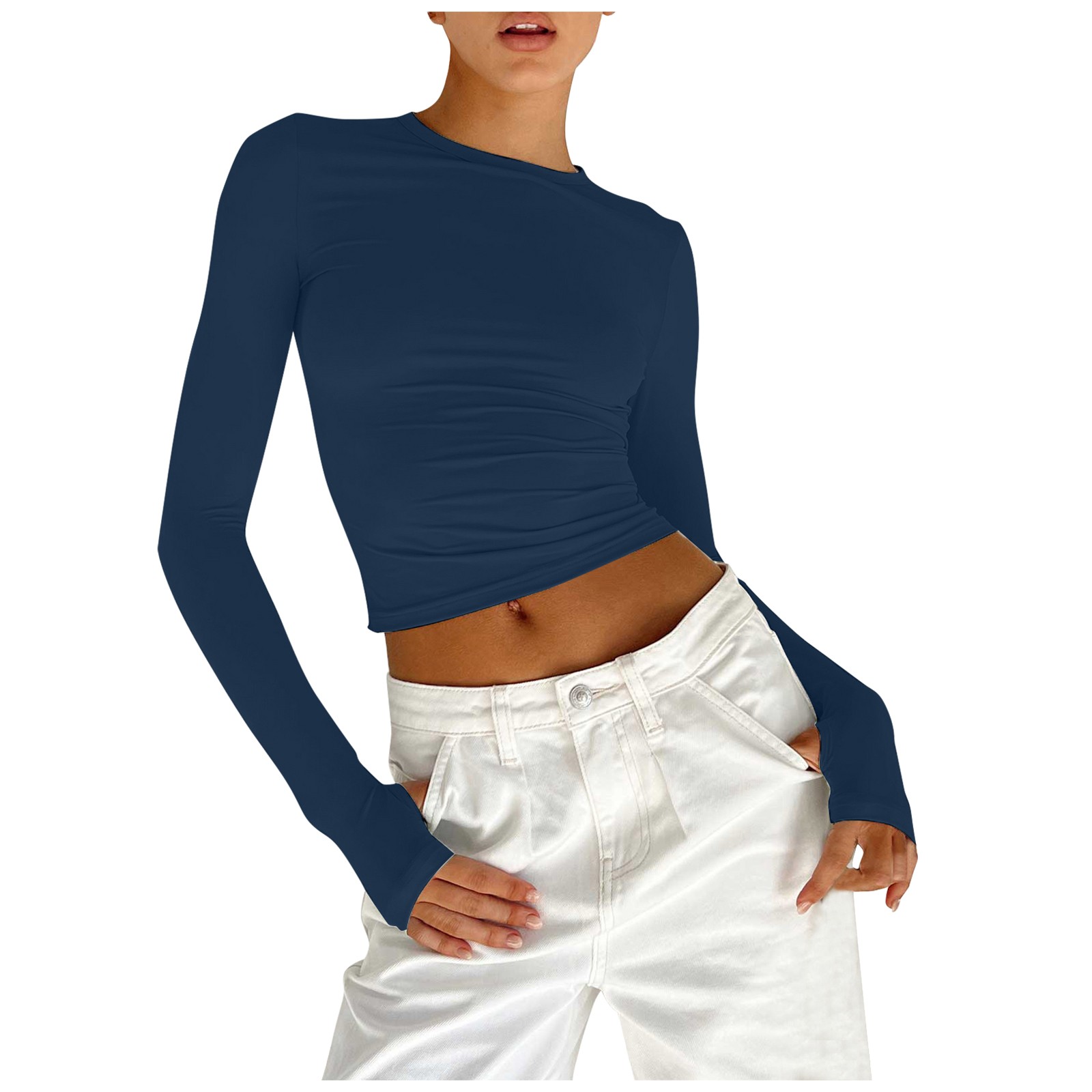 thumbnail image 1 of Blusa de mujer de color liso con cuello redondo y manga larga - Top ajustado con detalle de botones, 85 % nailon/15 % spandex para uso diario, 1 of 4